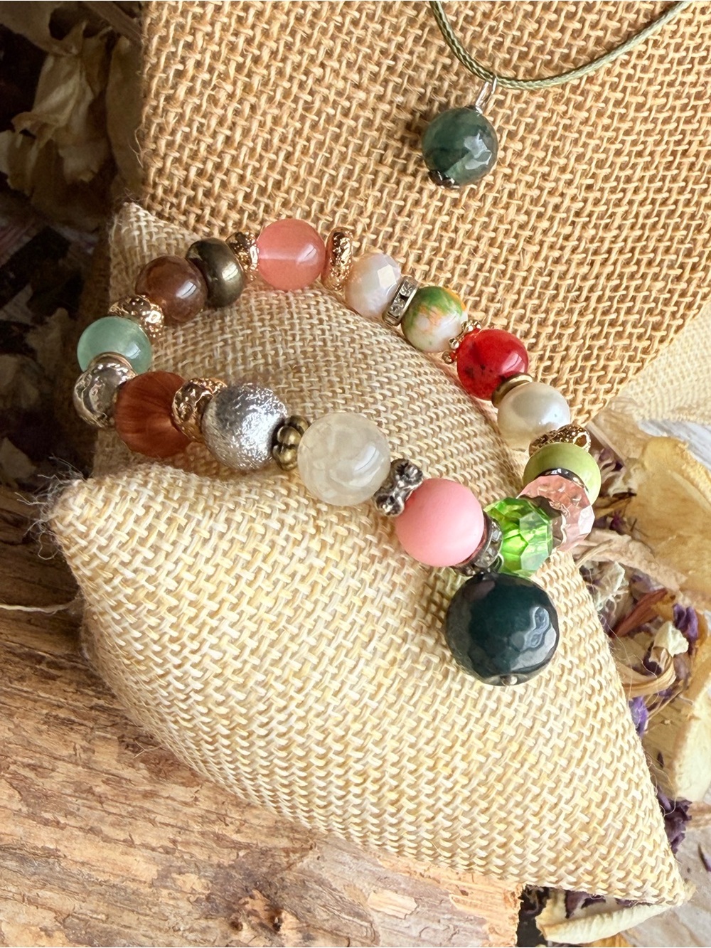 Fall essentials Multicolor Beaded Stretch Bracelet with untreated emerald Charm